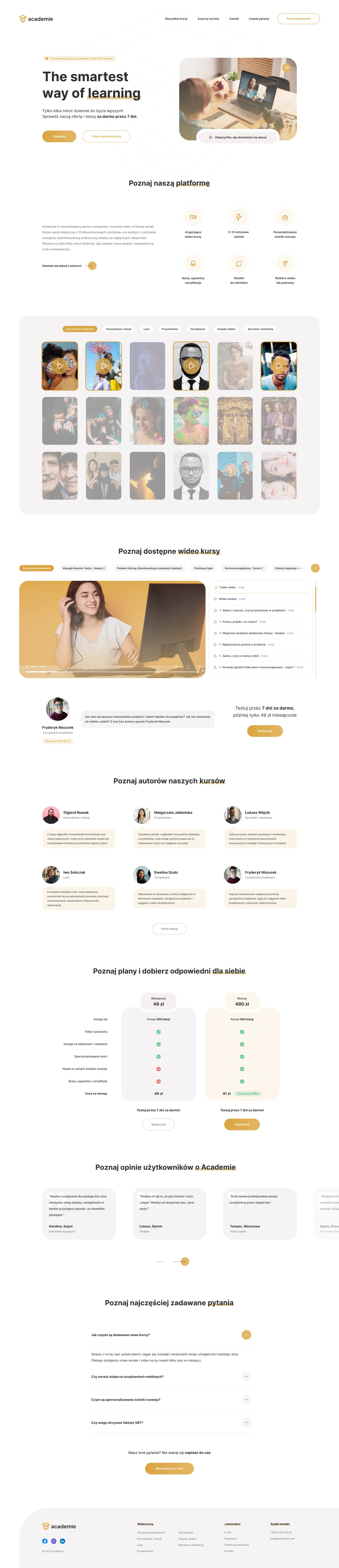 Full Academie landing page: hero, platform overview, expert grid, testimonials, pricing plans, FAQ and footer.