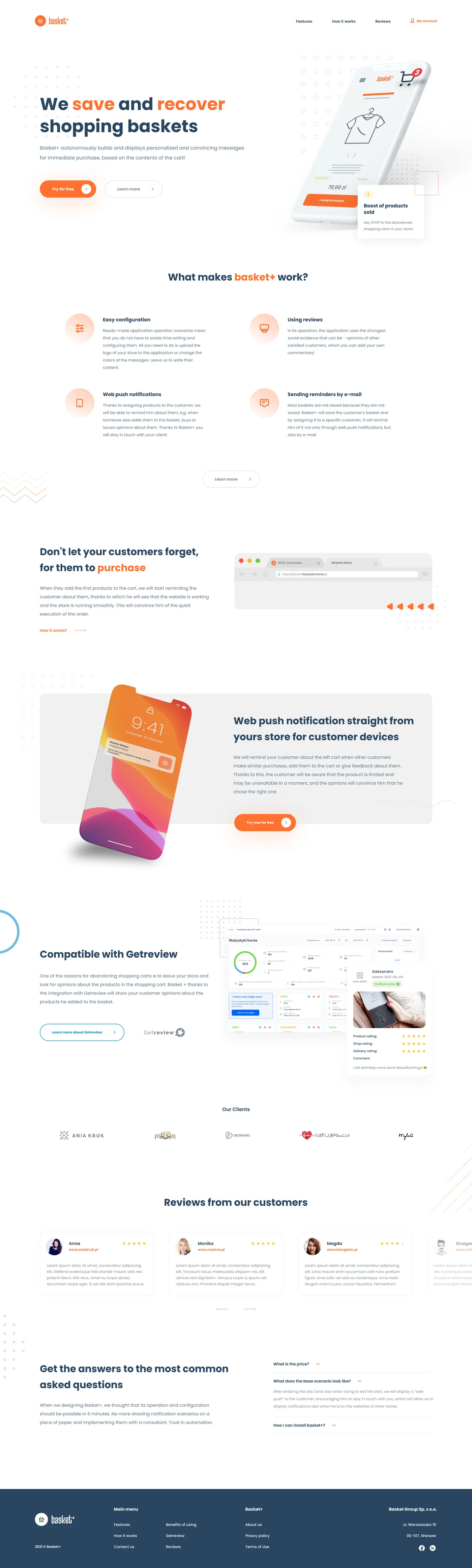 Full Basket+ landing page: hero, how it works, push notification feature, compatibility, customer reviews, FAQ and footer.