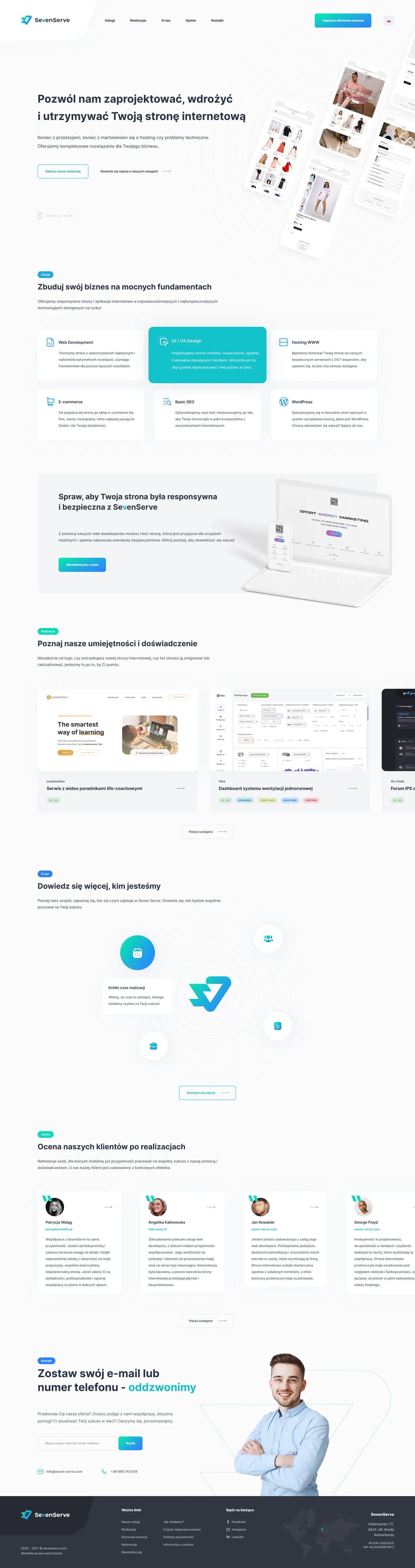 Full SevenServe website in Polish: hero, services, portfolio, testimonials, a contact form and footer.